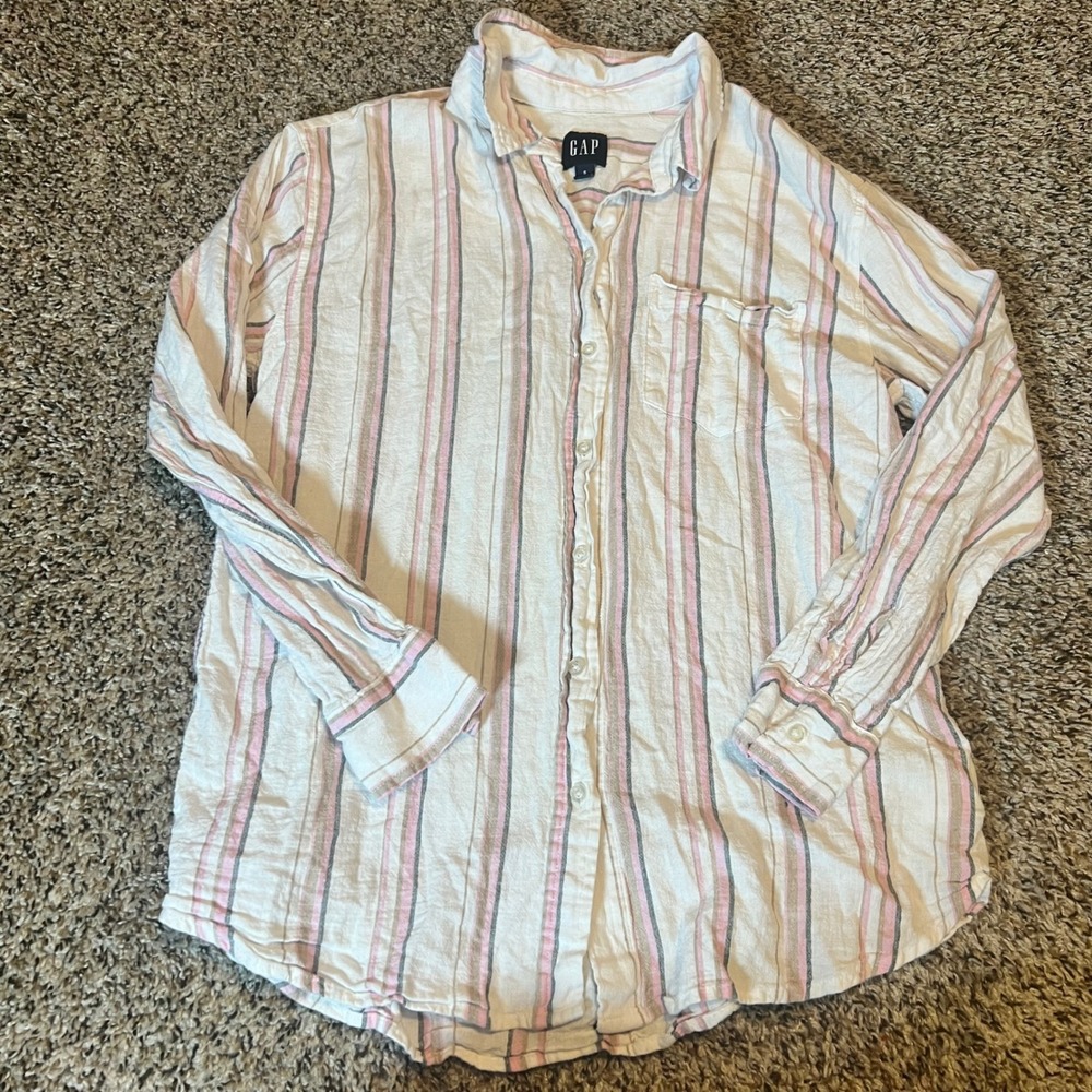 GAP Women's Striped Linen Blend Button Down Shirt Long Sleeve Casual Size S